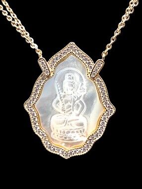 Mother of Pearl & White Zircon Carved Kwan Yin 14K over Sterling Necklace